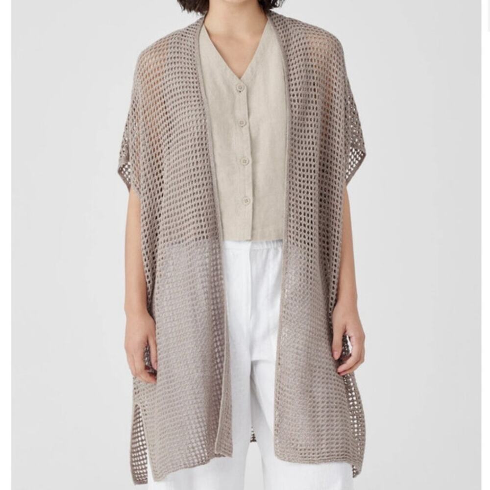 Eileen Fisher Taupe Linen Open-Knit Long Cardigan